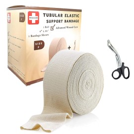 Premium Elastic Tubular Medical Bandage Size F Stockinette, 4 inches x 33 Feet Plus One Pair of Medical Scissors