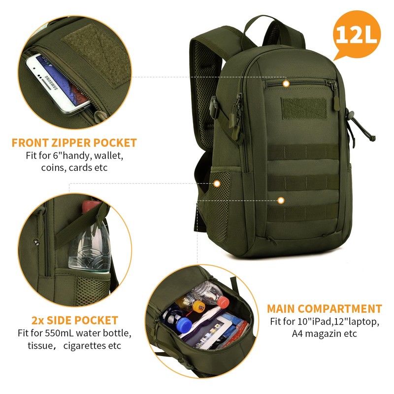 HUNTVP 12L Small Daypack Schoolbag Molle Backpack Student School Rucksack
