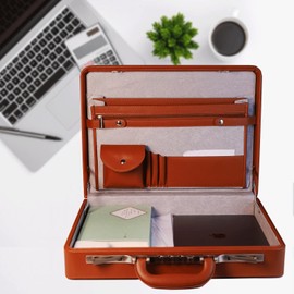 Large Business Briefcase for Men - Hard Case Leather Attache with Lock ，Expanding Business Briefcase Bag for Professionals (Brown, Large)
