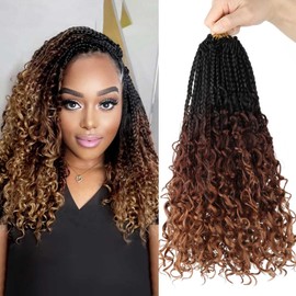 Goddess Box Braids Crochet Hair - 14 inch Crochet Box Braids Pre Looped 8 packs Boho Box Braids Crochet Hair Curly Ends,Bohomian Box Braid Crochet Hair for Black Women 1b/33/30