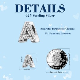 Symretie Alphabet Letter A-Z Sterling Silver Charm with Cubic Zirconia European Bracelets and Necklace, Silver