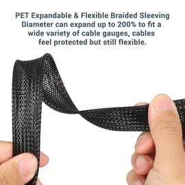 PET Expandable Wire Loom 100ft-1/4Inch, Braided Wire Sleeving Mesh Cable Management with 2 Heat Shrinkable Tubes, Braided Cable Sleeve for Home Office Cord Protector, Black