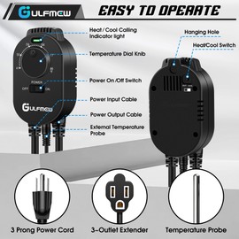 1 Pcs Thermostat Outlet for Heater, Temperature Controller Outlet with 4.9FT Power Cord, Heating and Cooling Thermostat Outlet with Temperature Probe for Space Heater, Greenhouse Fan (Black)