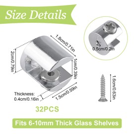 UFURMATE Glass Shelf Bracket, 32Pcs Wall Mounted Adjustable Glass Shelf Clamp Clips Polished Chrome Zinc Alloy Glass Clamp Brackets Supports Mounting Brace for 6-10mm Thick Glass