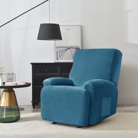 PENDEJATO Stretch Recliner Covers, 4-Piece Ultra Soft Velvet Recliner Chair Slipcover Single Seat Couch Cover Furniture Protector with Pocket (Peacock Blue)