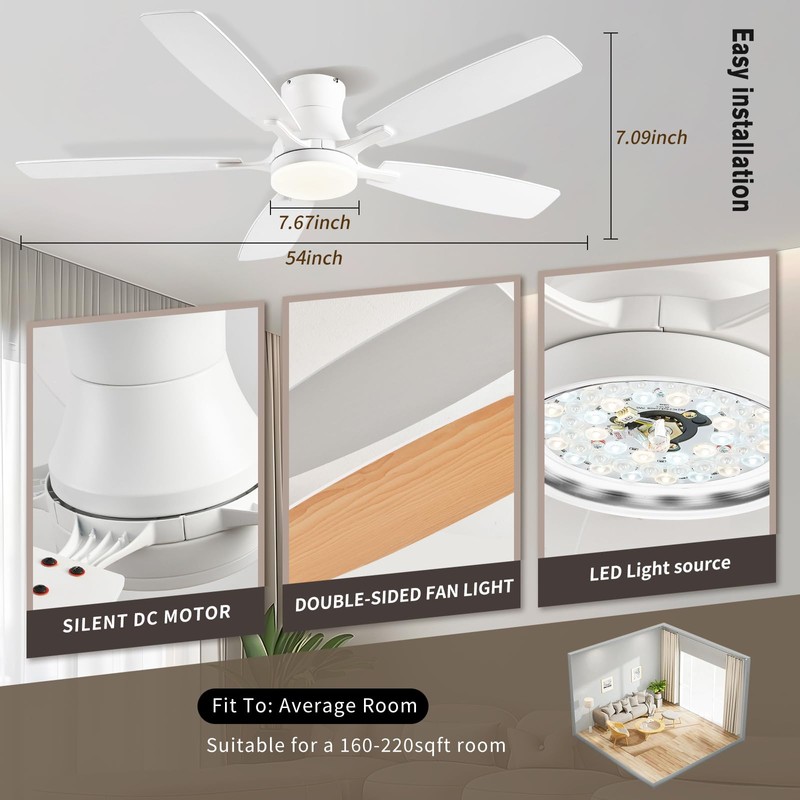 FUMLTP Ceiling fans with Lights, 54Inch RGB Low Profile Ceiling