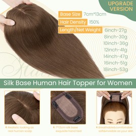 Hairro Hair Topper with Bangs for Women 100% Real Remy Human Hair Toppers 13x7cm Silk Base Hairpiece Cover Thinning Hair Loss (6 inch, Medium Brown)