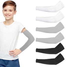 Molain 3Pairs Kids Arm Sleeves Thinly UV Sun Protection Cooling Arm Compression Sleeves, Outdoor Sport Breathable Elastic Ice Sleeve for Youth Boys Girls 8-10 Years Basketball (Black White Grey)