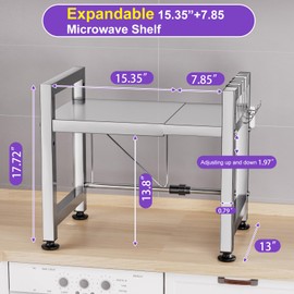 Virvia Extendable Microwave Oven Rack, Microwave Shelf Adjustable Over Microwave Stand Countertop 2-Tier Stainless Steel Organizing Rack with 4 Hooks for Kitchen Utensils Tableware Storage