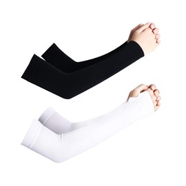 HSAJS 2 Pairs Arm Sleeve Gaming Cooling UV Protection Sun Protection Arm Sleeves with Thumb Hole Elastic Breathable Non-Slip Tattoo Cover Volleyball Arm Protectors, Black/White-2