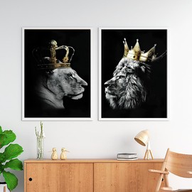 UGZDEA Lion Canvas Pictures, Black White Lion and Lioness Poster Painting Animal Pictures Modern Living Room Bedroom Home Decor - No Frame(B,2x30x40cm)