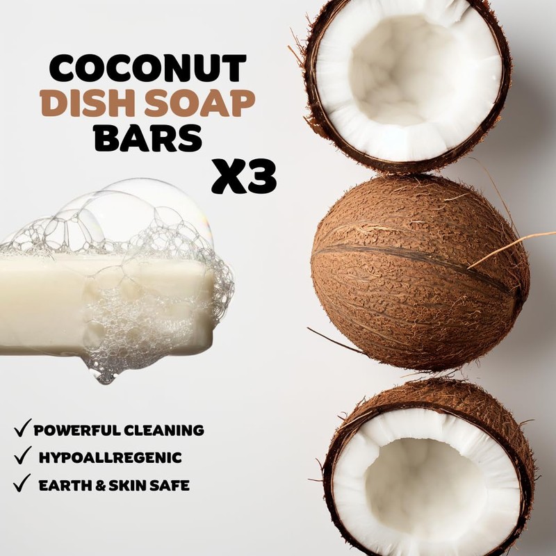KELEBS Coconut Dish Soap Bar - Organic, Pack of 3