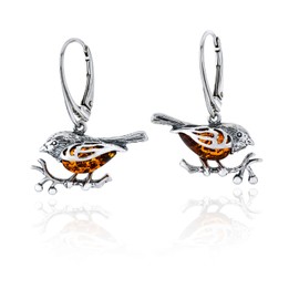 Ladies Silver Amber Sparrow Earrings Cognac Baltic Amber Sterling Silver 925 Gift for Women, Sterling Silver, Amber