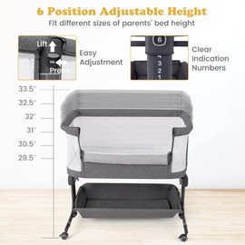 HONEY JOY Baby Bassinet Bedside Sleeper, Easy Folding Portable Crib for Baby with Wheels, 6 Adjustable Heights, Storage, Mattress & Carry Bag, Bed Side Bassinet for Infant Newborn (Gray)