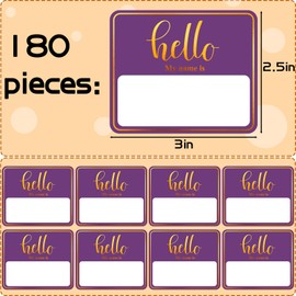 Yefall 180 PCS Hello My Name is Name Tag, Gold Foil Name Tags Sticker, 2.5 × 3 Inch Large Name Labels, Purple Adhesive Name Tag Labels for Business, Party - Office, School, Home