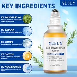 YUFUY Hair Growth Serum Roll On 30ML, With 3% Batana Castor 2% Biotin Niacinamide 3% Rosemary Oil for Hair Growth No-Rinse, Fast-Absorbing Scalp Serum For Thinning Hair for Men & Women -1.0 Fl OZ