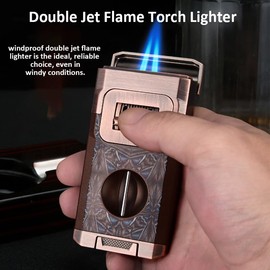 Cigar Torch Lighter Jet Lame Lighter Refillable Butane Windproof with Cigar Cutter V Cutter Built-in Cigar Holder Cigar Punch Cigar Draw Enhancer (Brown)