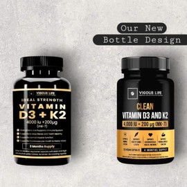 VIGOUR LIFE Clean Vitamin D3 K2 - High Strength Vitamin D3 4000 IU & K2 MK7 200g C 4 Month Supply of Easy to Swallow Vitamin D Capsules C Vegetarian D 3 and K 2 Vitamin Supplement -No Binders, No Cracking Agents