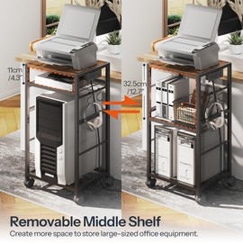 HOOBRO 3-Tier Printer Stand, Printer Stand with Charging Station, Industrial Printer Side Table with Wood Desktop, Printer, Scanner, Fax Storage Organizer, Rustic Brown BF05UPS01