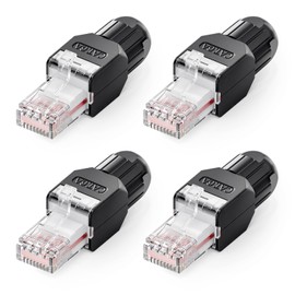 VCELINK CAT6A Tool-Free RJ45 Connector, 10 Gbps, UTP No-Crimp Compact Reusable Plug for Field Termination for 23-26 AWG Ethernet Cables, Black, 4-Pack