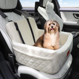 WOOAIDAGG Dog Car Seat for Under 30lbs Dogs,Comfy Febric Fill in Memory Foam,Washable and Detachable Pet Travel Car Bed,Anti-Slip Bottom,2 Safety Leashes & Storage Pockets(Beige)