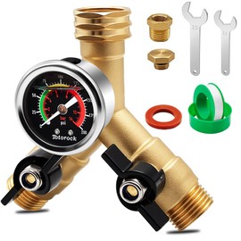 Totorock Updated Garden Hose Splitter with 200psi Pressure Gauge, Heavy Duty Brass Hose Splitter Full Flow, 3/4" GHT Y Hose Dispenser with 1/8" NPT Water Pressure Gauge, 2 Way Brass Faucet Splitter