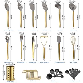 Gold Kitchen Utensils Set, Kyraton 38 Pieces Non-Stick Silicone Cooking Utensils Set, Spoon Spatula Set with Sturdy Stainless Steel Utensil Holder, Dishwasher Safe