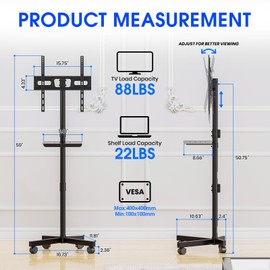Zontera Mobile TV Stand for 23-60 Inch LCD LED OLED Flat Panel Curved Screen TVs up to 88 lbs, Tilt and Height Adjustable, Locking Rolling Wheels TV Cart with Shelf, Max VESA 400x400mm, Black