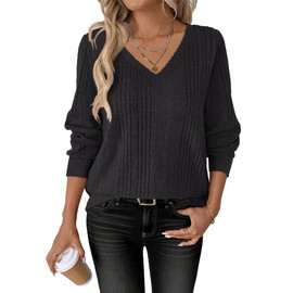 ANRABESS Womens V Neck Sweaters 2025 Fall Long Sleeve Shirts Lightweight Ribbed Knit Basic Casual Office Work Tunic Tops Black Medium