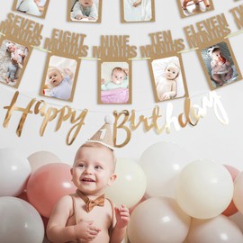 CZBZYMYYY First Birthday Decorations for Baby from Newborn to 12 Months, 1st Birthday Photo Banner Baby Monthly Milestone, Birthday Photo Banner Decorations Children's Party Supplies (Kraft)