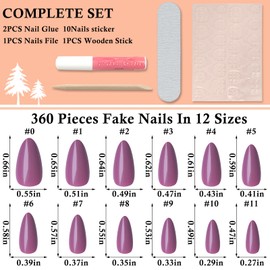 LoveOurHome 360pc Almond Press on Nails Medium Fake Nails Full Cover Almond Nail Tips Red Violet Fase Nail Colored Acrylic Nails Press ons Nail Almond Fingernail & Glue Adhesive Tabs for Women Girls