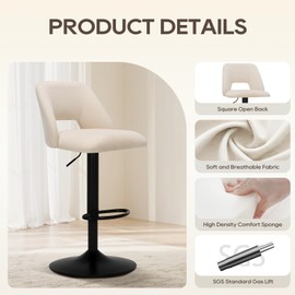 COLAMY Bar Stools Set of 3, Modern Swivel Bar Chairs, Adjustable Upholstered Barstools Counter Height with Square Open Back for Bar, Kitchen Island, Dining Room, Beige