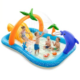 Kiddie Pool with Slide & Sprinkler, Inflatable Play Center, 95"x75"x40" Outdoor Blow-Up Splash Pad Pools for Toddlers Ages 2+, Water Game Play Center Backyard Kids Water Slide for Summer Fun