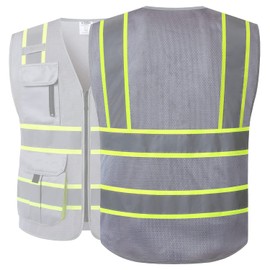 JKSafety 9 Pockets Hi-Vis Mesh Safety Vest for men and women | Chaleco reflectante de seguridad | Zipper Front | Multiple Pockets | Class 1 (140-Grey L)