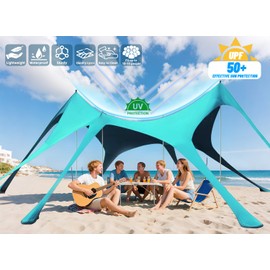Vilupvie Beach Tent Sun Shelter Sunshade 20x13FT, UPF50+ Beach Canopy Tent Sun Shade with 8 Sandbags & 3 Stability Poles, Outdoor Shade Beach Canopy for Camping, Fishing, Backyard, Picnics (Turquoise)