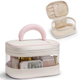 Vlando Travel Makeup Bag, Large Travel Toiletry Bag for Women Girl, Waterproof Cute Cosmetic Bag with Handle, Clear Make up Bag for Cosmetic, Brushes, Skincare - White