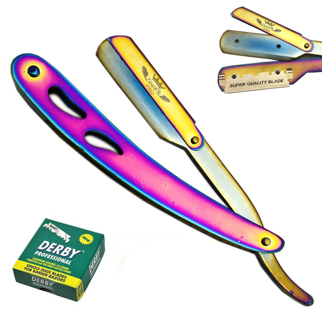 New Steel Handle Straight Edge Barber Razor Shaving Knife with 100 Derby Blades Salon Cut Throat Shavette Stainless Multicolor