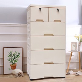 GMSLuu Plastic Drawers Dresser, Storage Cabinet with 6 Drawers, 20" Wx14 Dx40 H Closet Drawers Tall Dresser Organizer with 4 Wheels for Clothes,Playroom,Bedroom,Kitchen Storage Furniture (Beige)