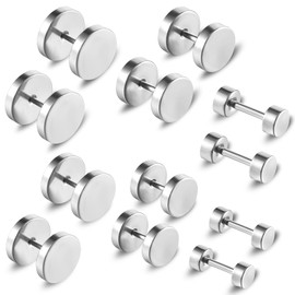 6 Pairs Silver Earrings for Men Women Fake Plugs Faux Gauges Plugs Earring Stainless Steel Stud Earrings, 4-10mm (Silver)