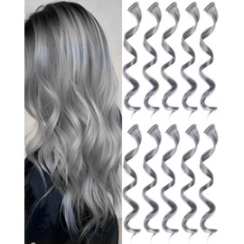 Olldag 10 PCS Grey Hair Extensions, Curly Wavy Synthetic Hairpieces Clip in Rainbow Neon Party Highlights, Colorful Hair Accessories for Kids Girls Women 17 inch (Grey)