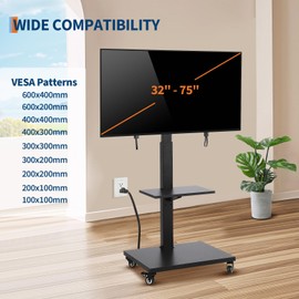 Rolling TV Stand with Power Outlet, Tilt & Swivel Mobile TV Stand On Wheels for 32-75 Inch Flat and Curved Panels Screens Up to 120 Lbs, Height Adjustable Mobile TV Cart with Shelf, Max VESA 600x400mm