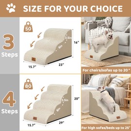 3-Step Dog Stairs for Small Dogs 16" H, Curved Pet Steps for Old/Injured Dogs Cats Climbing Bed, Chair or Couch, Premium Foam Non-Slip Ramp for Indoor Pets up to 50lbs, Beige