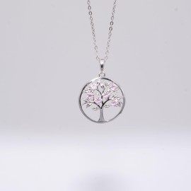 Tree of Life Charm Pendant Necklace - 925 Sterling Silver with AAA pink Cubic Zirconia, Rhodium Plated, 42+3 cm (16.54+1.18 inches) Chain, Elegant Spiritual Jewelry Gift for Women, Wives, Friends - Perfect for Weddings, Birthdays, Anniversaries, Engageme