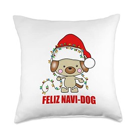 Dandy Doggy Designs Feliz Navi-Dog Christmas Puppy Holiday Lights Santa Hat Throw Pillow, 18x18, Multicolor