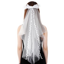 Lystaii Girls First Communion Veil White Bowknot Pearls Crystal Rhinestone Floral Veil Holy Communion Flower Crown for Wedding Party, White, Medium