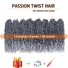 Pre-twisted Passion Twist Hair 10 Inch 8 packs Short Passion Twist Crochet Hair Pre-looped Crochet Braids for Women Kids Gray Passion Twists Synthetic Curly Crochet Hair Extensions 1B/Gray
