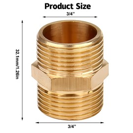 Pack of 4 3/4 Inch Double Nipples, 3/4 Inch Male Thread, Brass Connector, Hexagonal Male Thread, Double Nipple Brass Fittings Suitable for Heating, Drinking Water Systems, Sanitary and DIY Projects