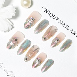 JODSONE Press on Nails Powder Blue Almond Shape Cat Eye Handmade 3D Fake Nail Tips Reuseable Fashionable Design Long Lasting Fit Easy to Create Exquisite Fingertips- Medium