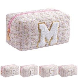HHQQWZ Small Makeup Bag, Travel Cosmetic Bags for Women, Christmas Gifts for Girls Age 6-18, Pink Floral Zipper Makeup Pouch, Alphabet Make up Organizer Case, Travel Essentials Trendy Stuff (Pink M)