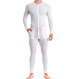 GYMAPE Mens Long Sleeve Onesie Henley Jumpsuit Pajamas Comfortable Stretchy Cotton One Piece Garment White XL